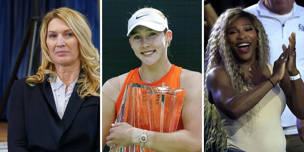 Steffi Graf (left), Mirra Andreeva (center), Serena Williams (right), Sources: Getty