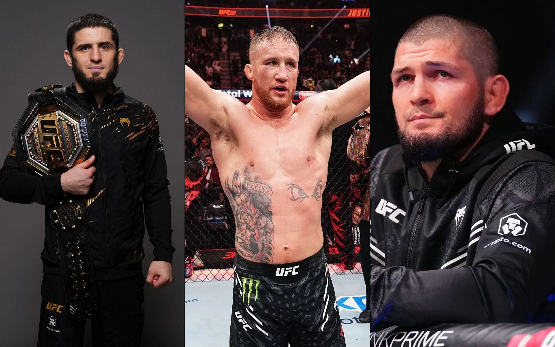 Javier Mendez speaks discusses the differences between Justin Gaethje (middle) potentially fighting Islam Makhachev (left) and his fight against Khabib Nurmagomedov (right) [Image courtesy: Getty]