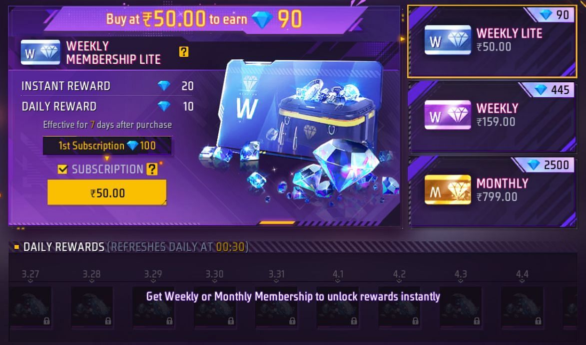 मेंबरशिप के विकल्प (Image via Garena/Screenshot)