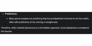 Gemini AI's predictions for the quarterfinal match between Aryna Sabalenka and Liudmila Samsonova.
