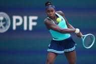 Coco Gauff of the United States returns a shot against Magda Linette of Poland during their match on day 7 of the Miami Open - Source: Getty