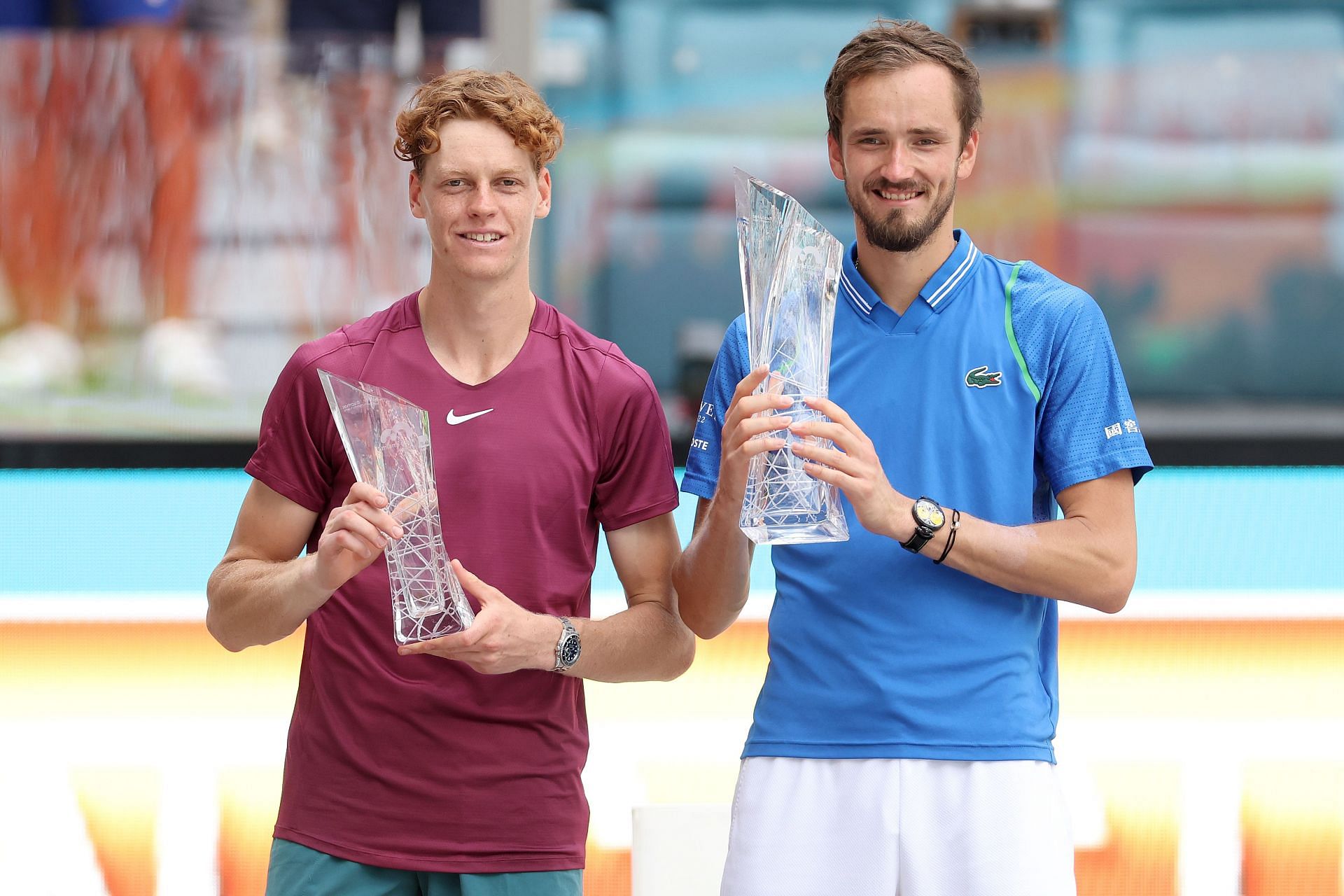 Jannik Sinner of Italy and Daniil Medvedev of Russia pose with their trophies after their match during the Men&#039;s Final of the 2023 Miami Open - Source: Getty