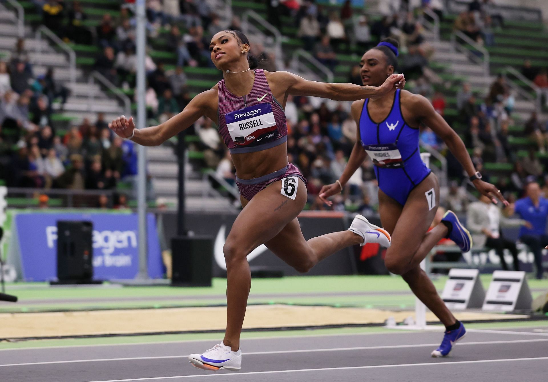 Russell running in the 60m hurdles event at the 2025 USATF Indoor Championships (Image via: Getty Images)