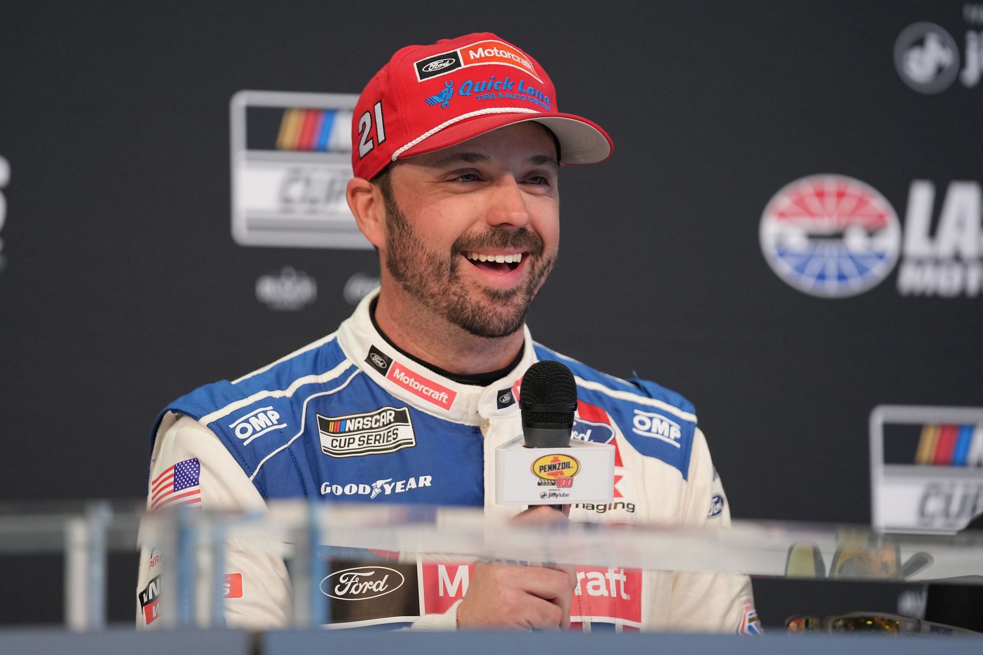 Josh Berry answers questions from the media after winning the Pennzoil 400 at Las Vegas Motor Speedway (Source: Getty)