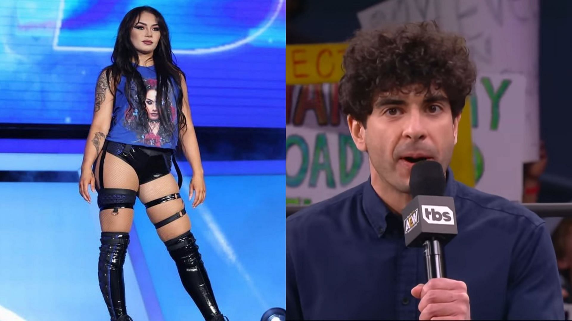 Skye Blue (left) and Tony Khan (right) (Image credits: Skye Blue&rsquo;s Instagram and AEW&rsquo;s YouTube)