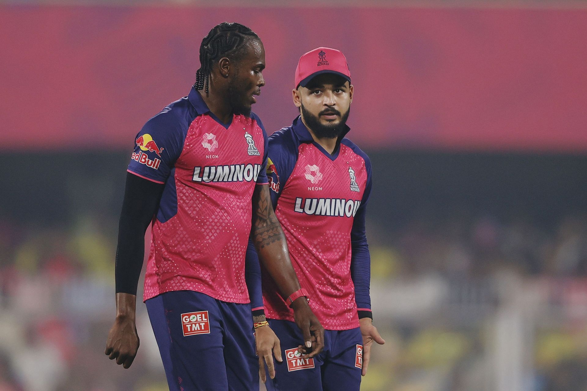 Riyan Parag with Jofra Archer during RR vs CSK IPL 2025 match. (Image: IPL/X)