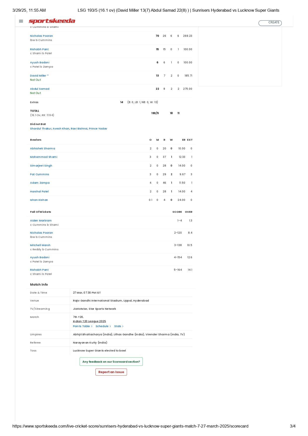 SRH vs LSG IPL 2025 scorecard.