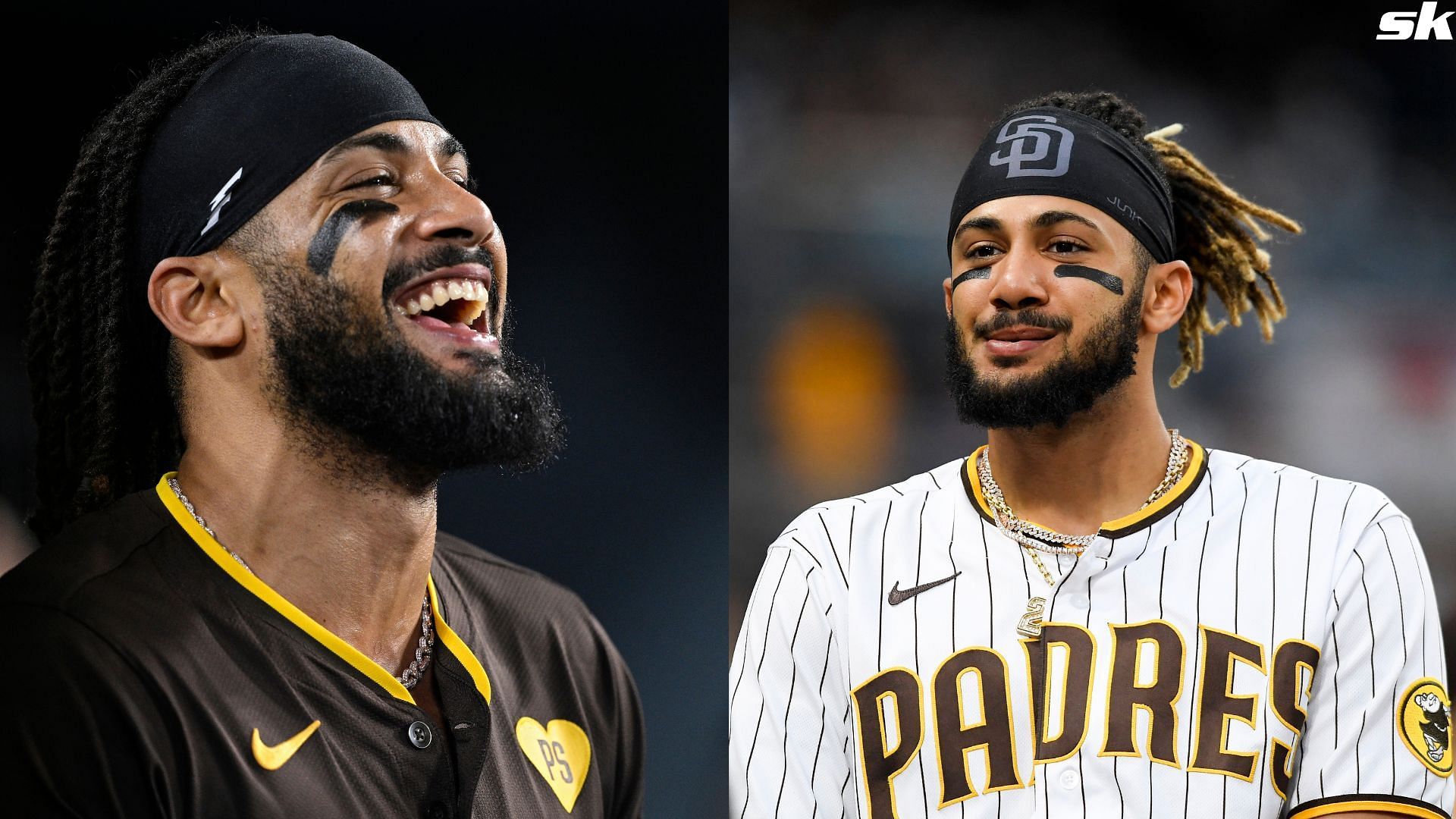 Fernando Tatis Jr. of the San Diego Padres celebrates after scoring in the sixth inning of Game 2 of the NLDS against the Los Angeles Dodgers at Dodger Stadium (Source: Getty)