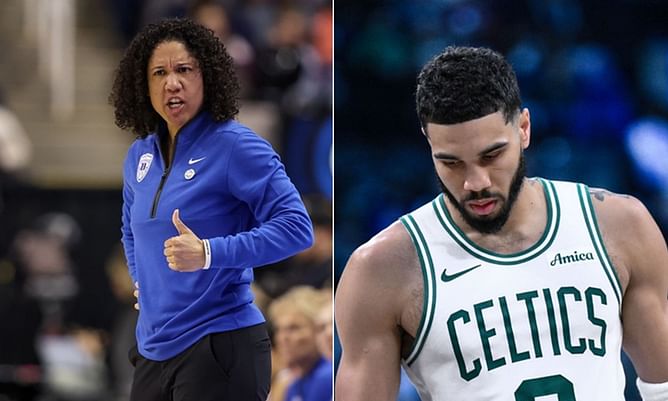 Jayson Tatum reacts after Duke WBB players gush over his gifted sneakers ahead of March Madness