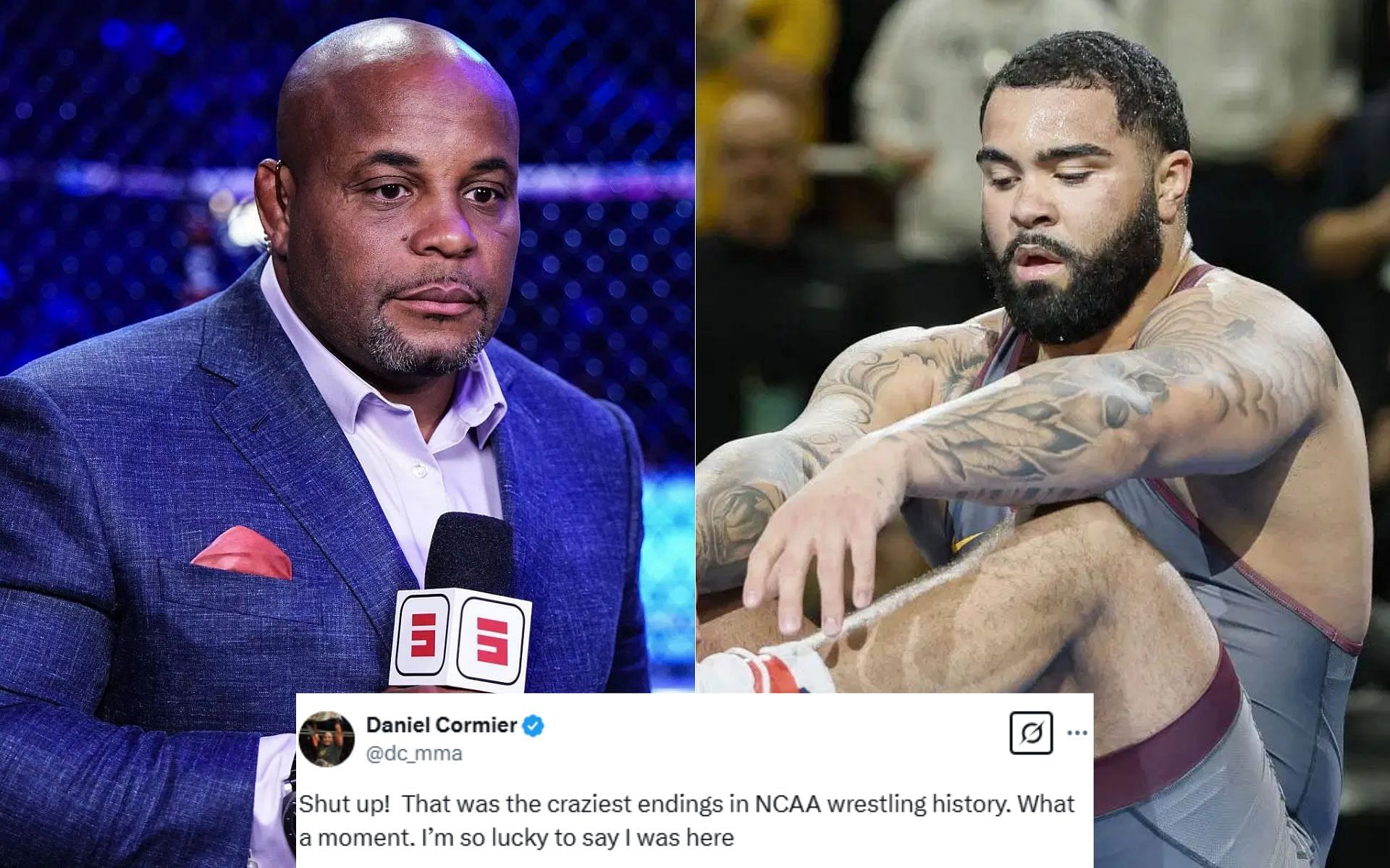 Daniel Cormier (left) reacts to Gable Steveson