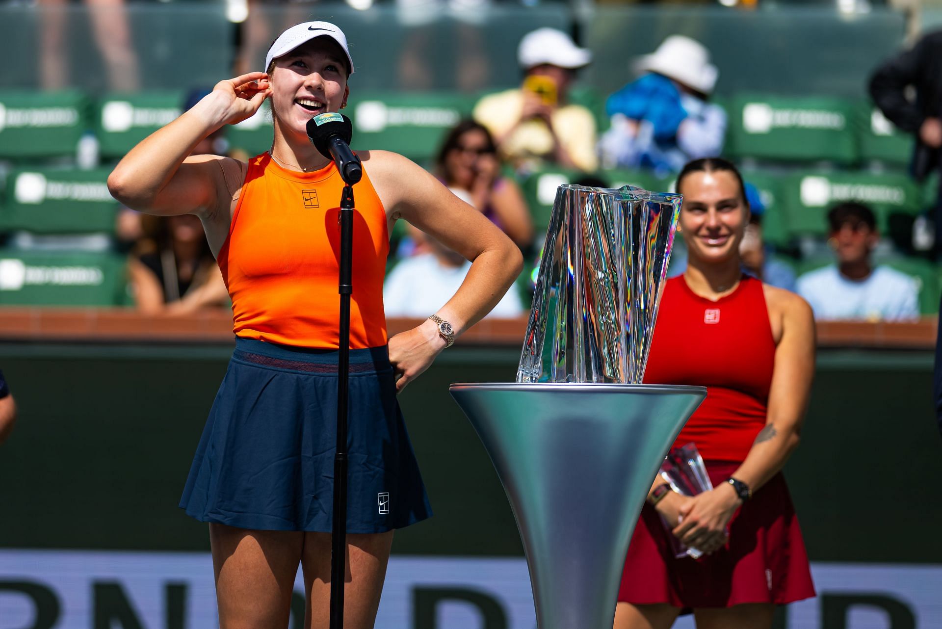 Mirra Andreeva speaks after beating Aryna Sabalenka for the BNP Paribas Open title. Source: Getty