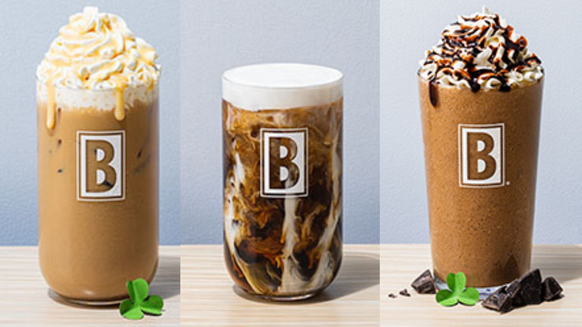 Lucky Charm latte, Irish cream cold brew &amp; Chocolate covered Leprechaun (Image via BIGGBY&reg; COFFEE)