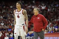 Head Coach John Calipari with Trevon Brazile #4 of the Arkansas Razorbacks during a game against the Kansas Jayhawks at Bud Walton Arena on October 25, 2024. Photo: Getty