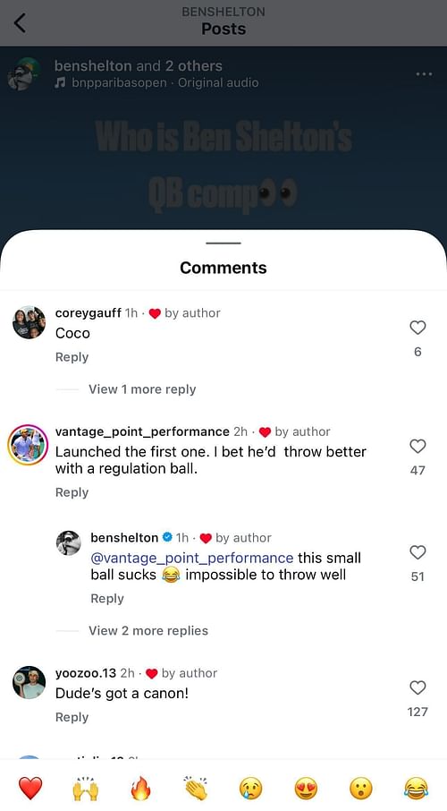 Screengrab of Corey Gauff's comment (top) on Ben Shelton's Instagram post [@benshelton]