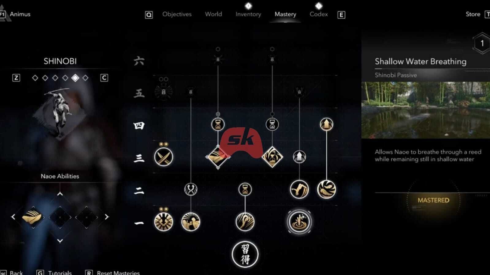 Unlock the Shallow Water Breathing skill first from Naoe&#039;s skill tree (Image via Sportskeeda Gaming || Ubisoft)