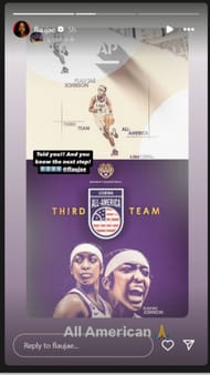 Flau'jae Johnson shares her mother's gratitude after the LSU star made the third All-American team on IG story. Image via "flaujae