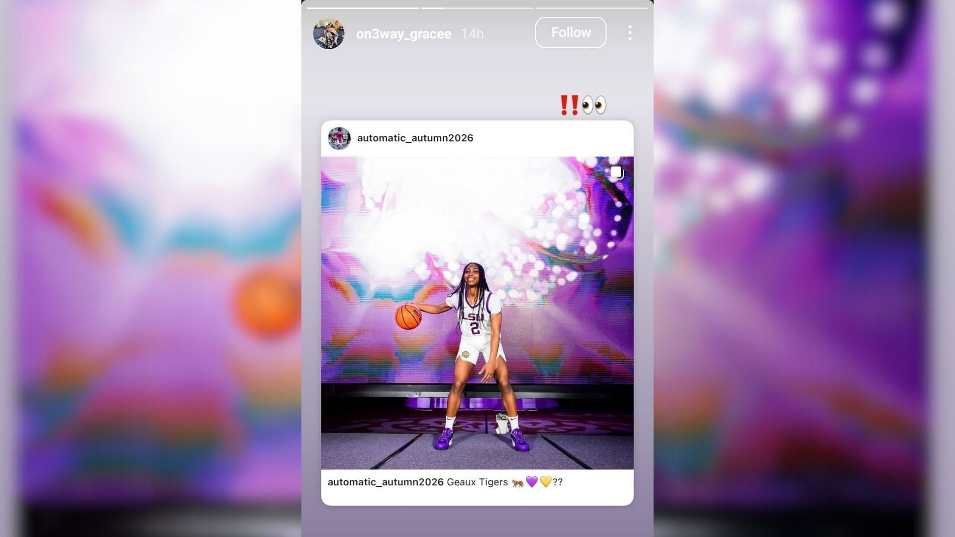 LSU signee Grace Knoxx shares her reaction as Class of 2026 prospect Autumn Fleary visits Kim Mulkey&#039;s Lady Tigers. (Image via Instagram @on3way_gracee)