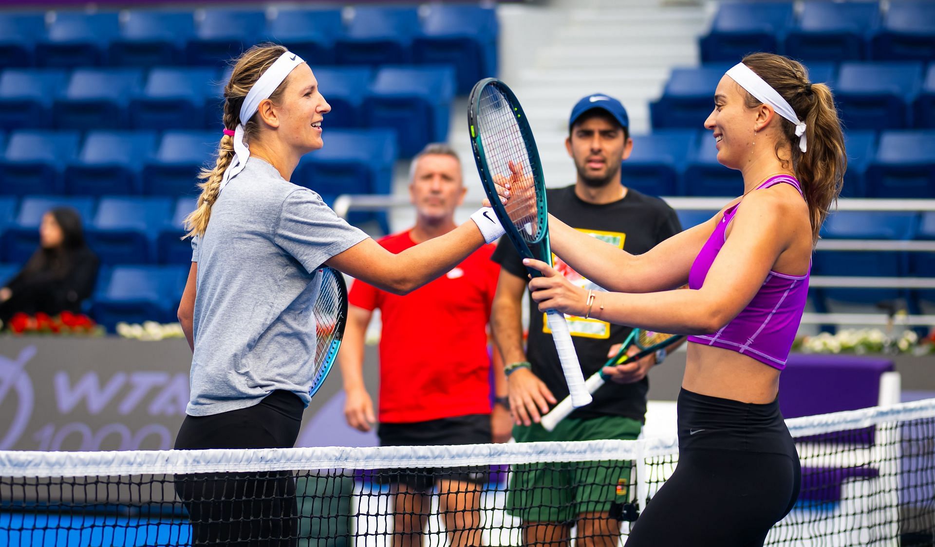 Victoria Azarenka and Paula Badosa embrace at Qatar Open 2024 | Image Source: Getty
