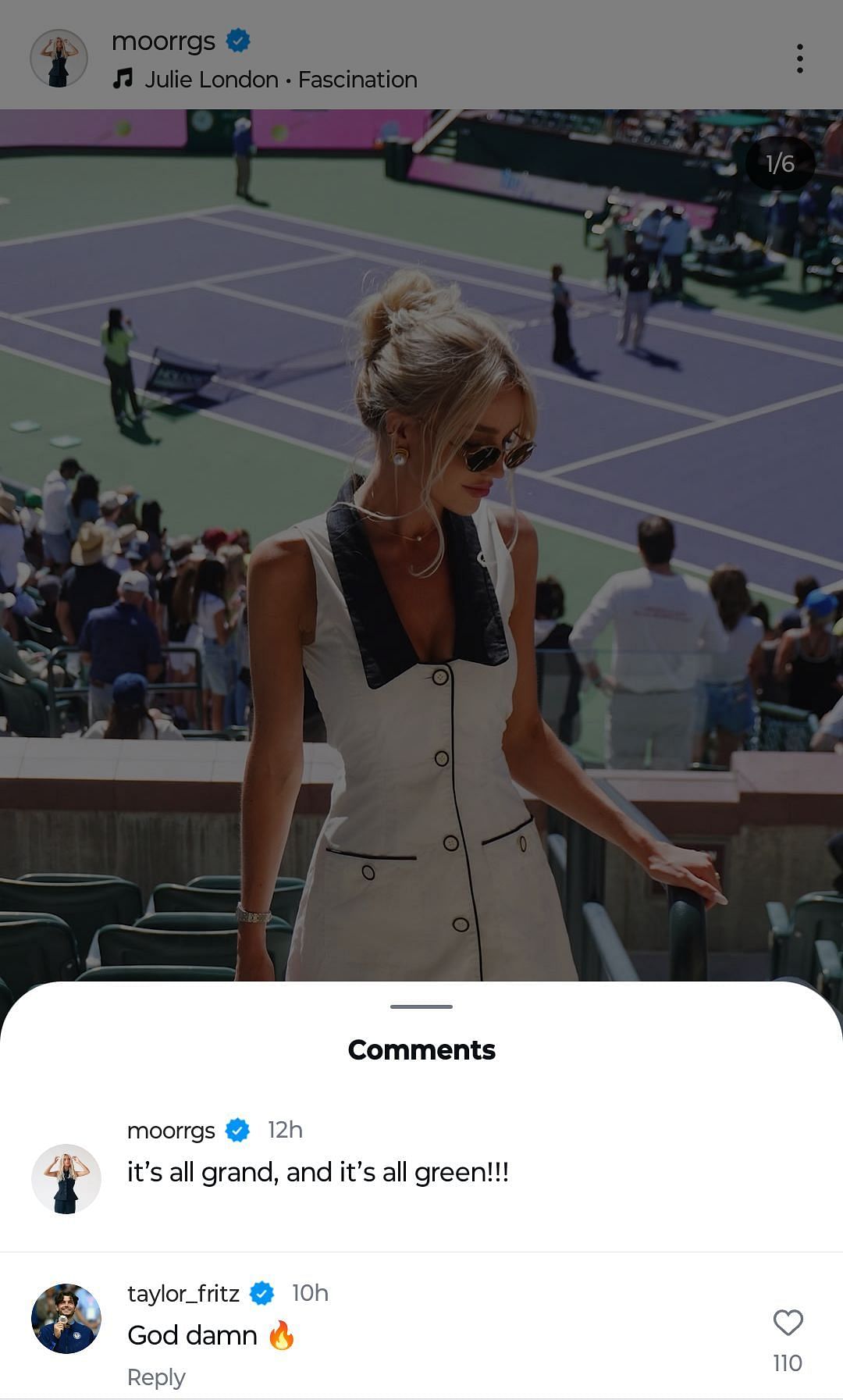 Screengrab of Taylor Fritz&#039;s comment on Morgan Riddle&#039;s post. Source: Instagram @moorrgs