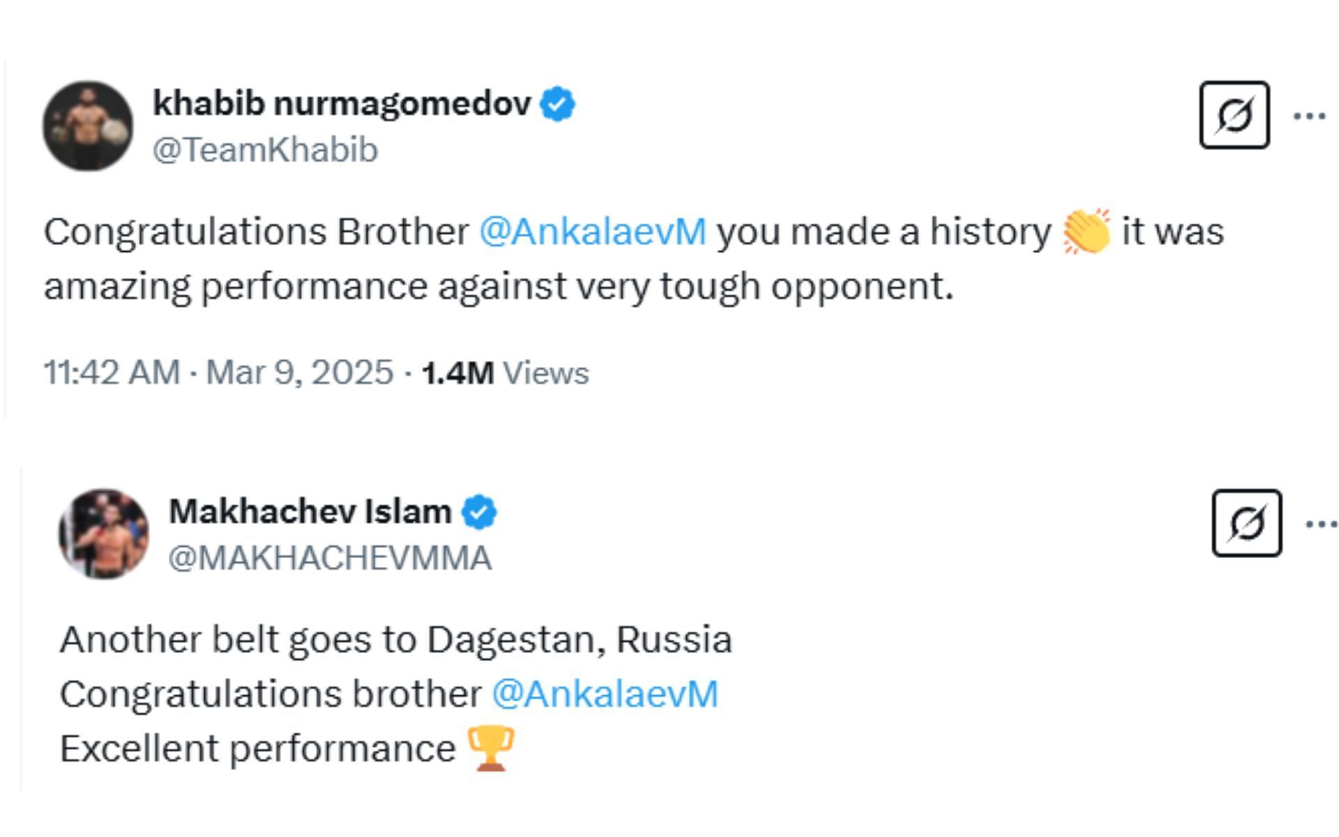 Screenshots of Khabib Nurmagomedov and Islam Makhachev&#039;s X posts