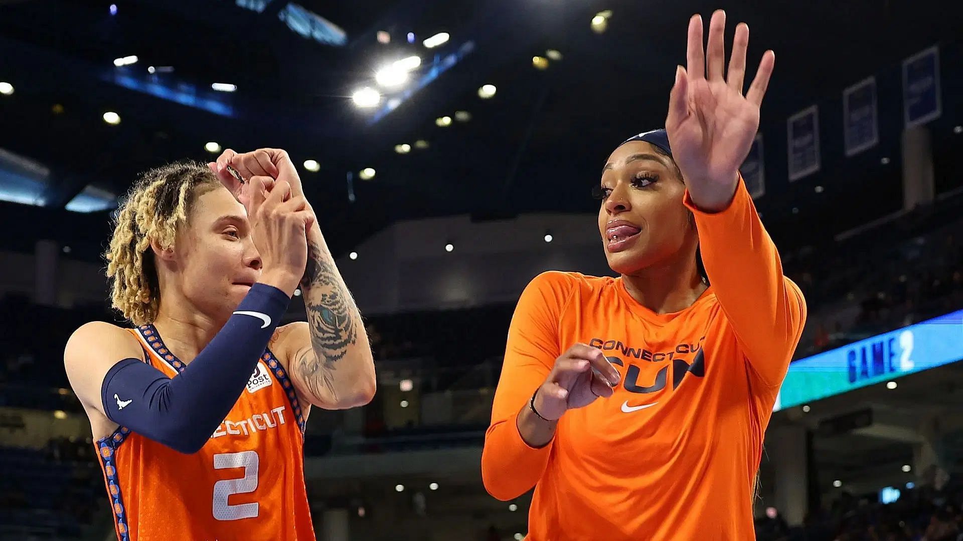 Natisha Hiedeman and DiJonai Carrington during their Connecticut Sun days. (Credits: Getty)