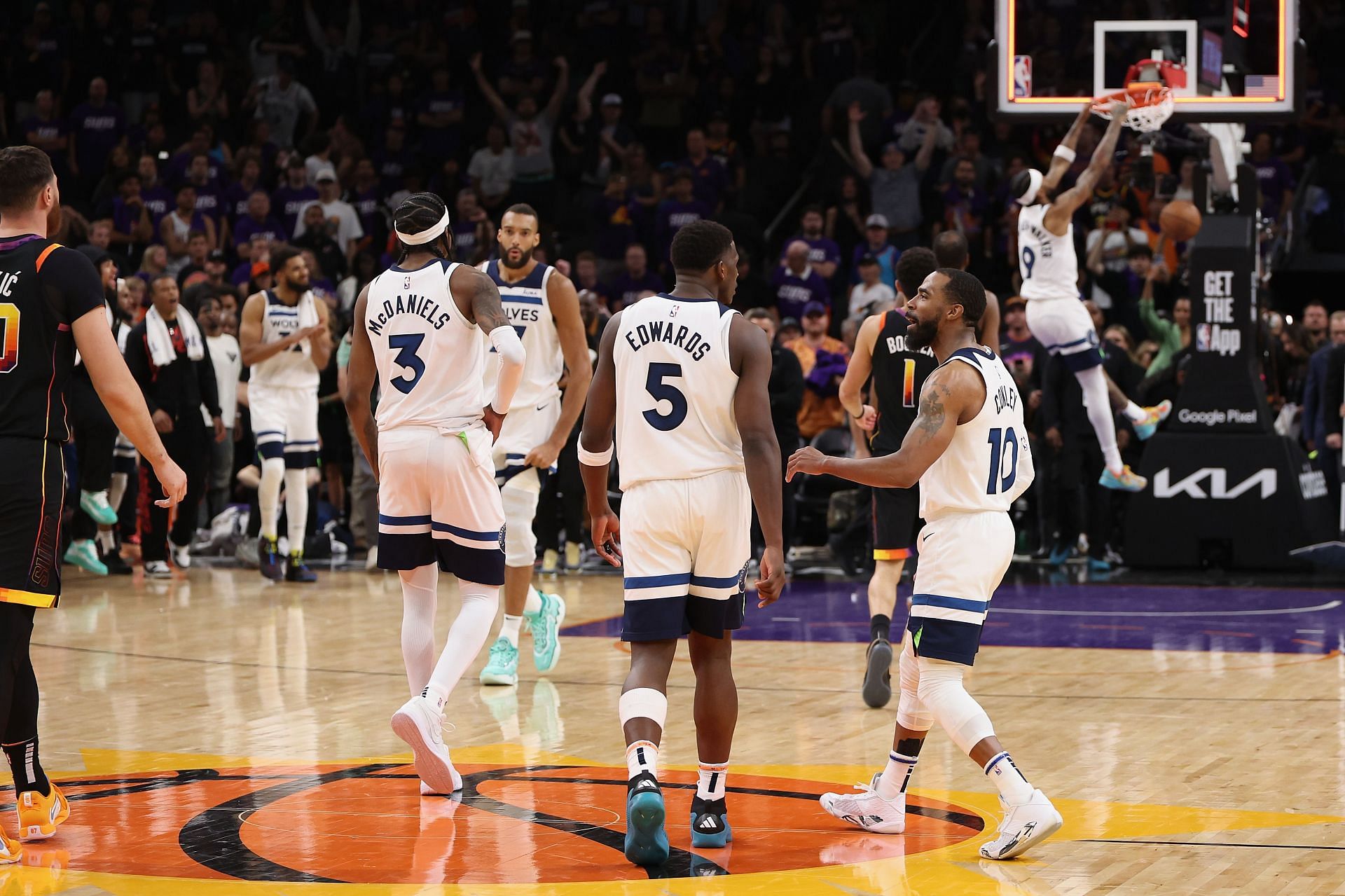 The Minnesota Timberwolves key defensive players celebrate their series victory against the Phoenix Suns in the 2024 NBA Playoffs - Source: Getty