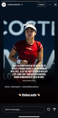 Nadal's Instagram Story featuring Alexandra Eala dated Sunday, March 23, 2025 (Source: Instagram/rafaelnadal)