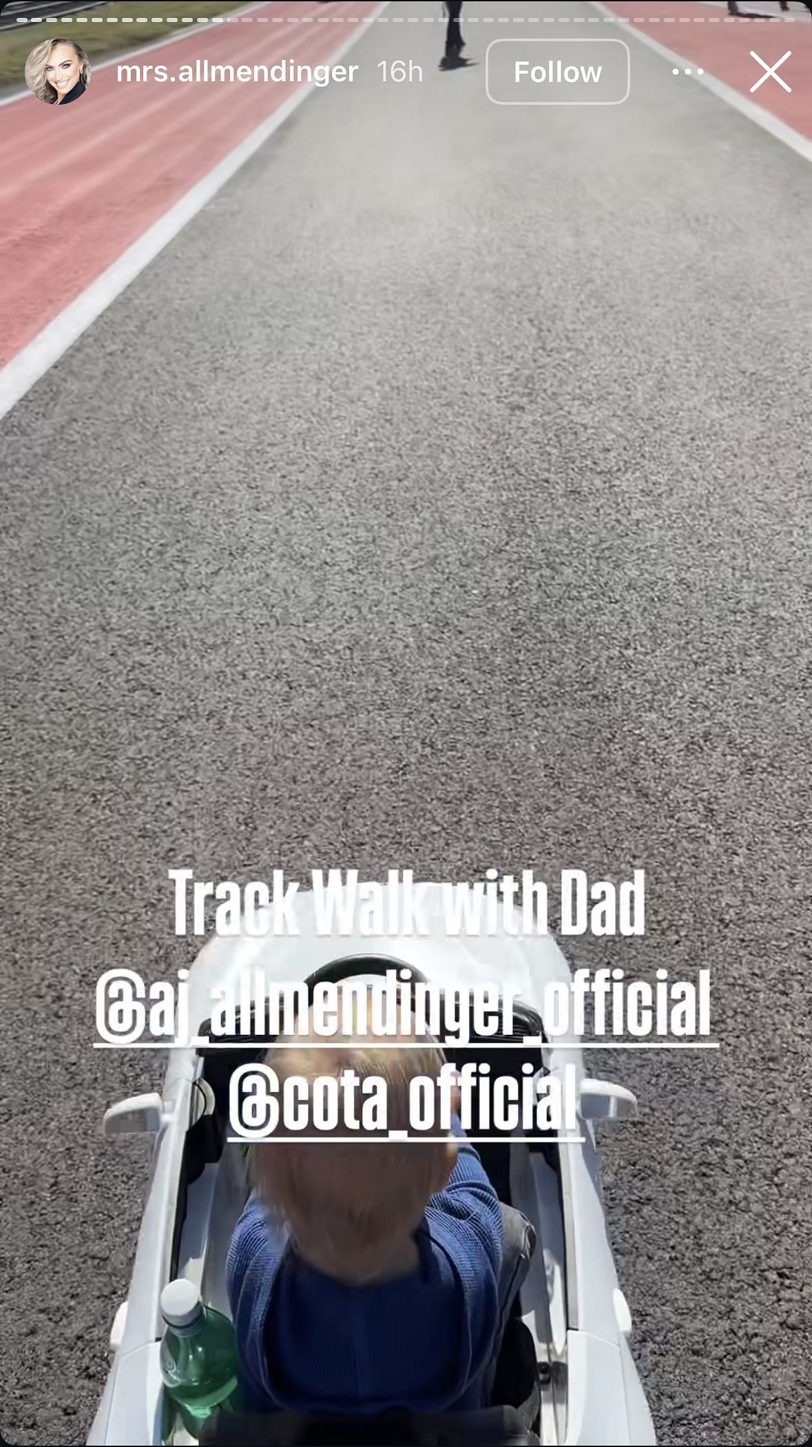 Tara Allmendinger&#039;s instagram story featuring her son&#039;s track walk at COTA - Image via Instagram/@mrs.allmendinger