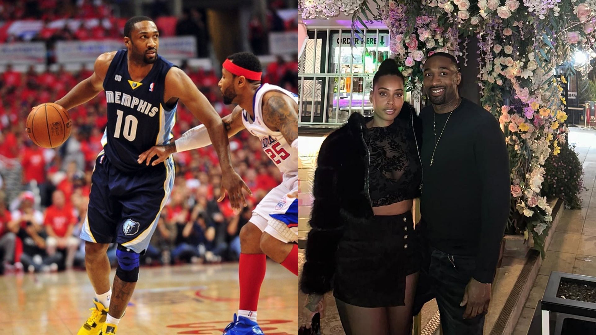 Former NBA player Gilbert Arenas dribbles during a game, Gilbert Arenas and Melli Monaco pose for a photo. Photo Credits: Imagn, Melli Monaco&#039;s IG account