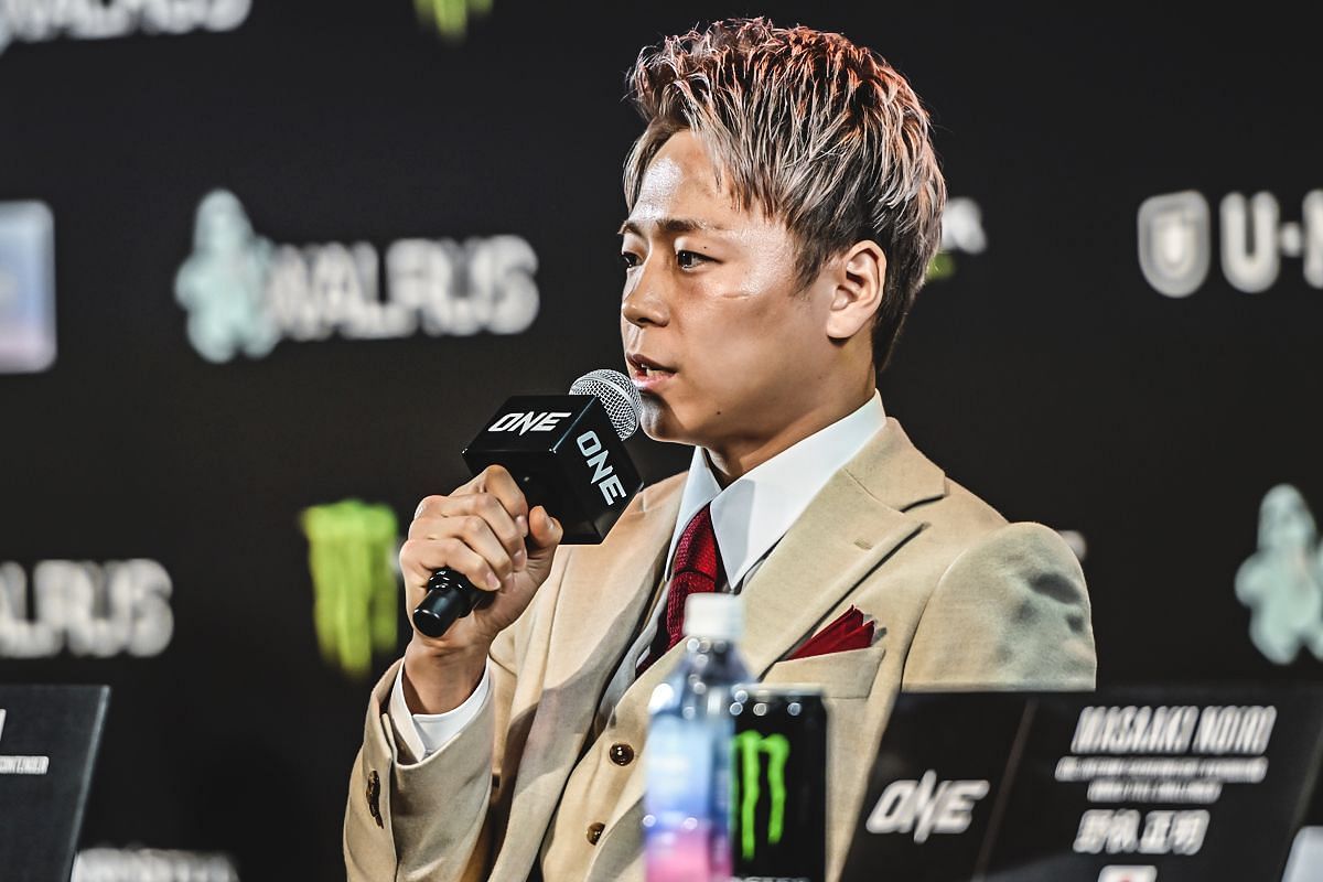 Takeru Segawa talks to the media during ONE 172