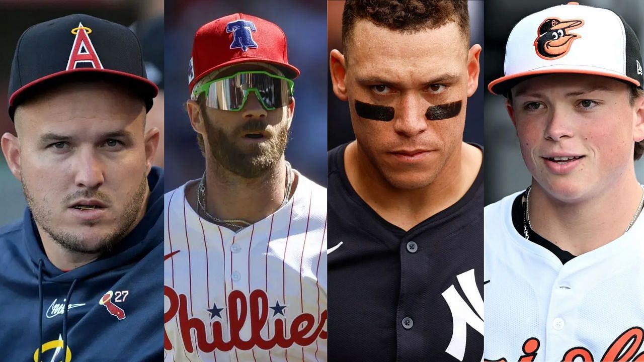 (Left to right) Mike Trout, Bryce Harper, Aaron Judge and Jackson Holliday (Images from - Getty)