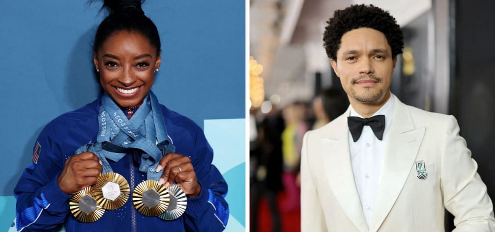 Simone Biles (L) and Trevor Noah (R) Image via Getty