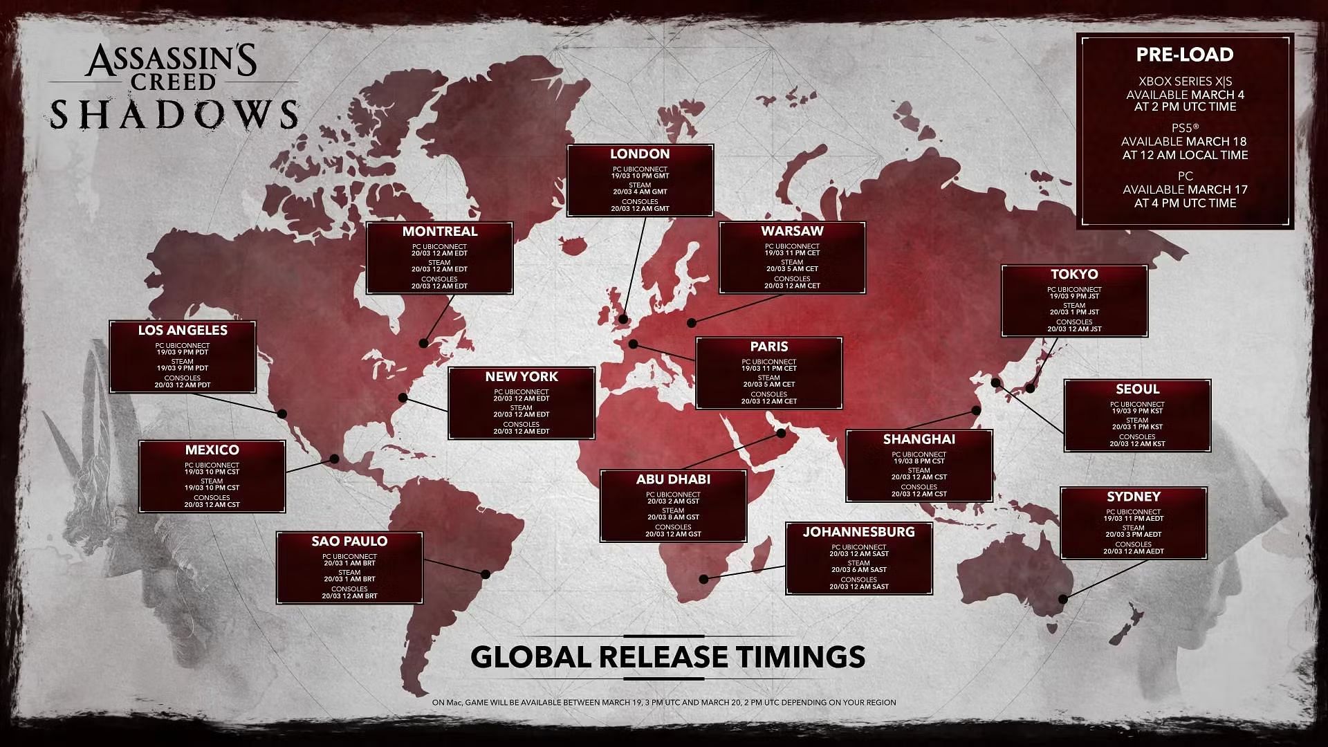 The global release timings for Assassin&#039;s Creed Shadows (Image via Ubisoft)