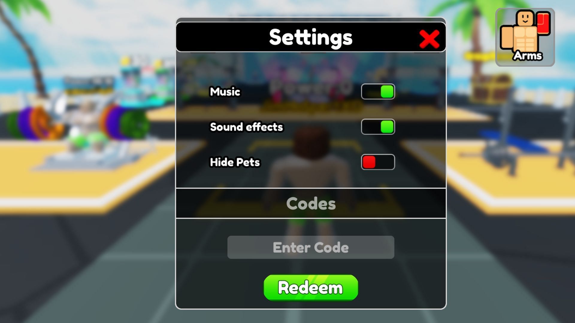 Click Settings to open the code redemption window (Image via Roblox)