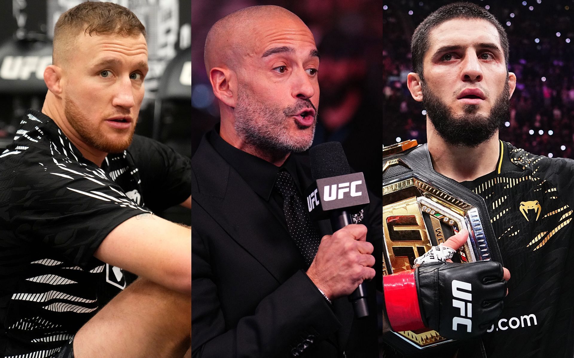 Jon Anik (middle) believes Justin Gaethje (left) has earned a fight against Islam Makhachev (right) [Images courtesy: Getty Images]