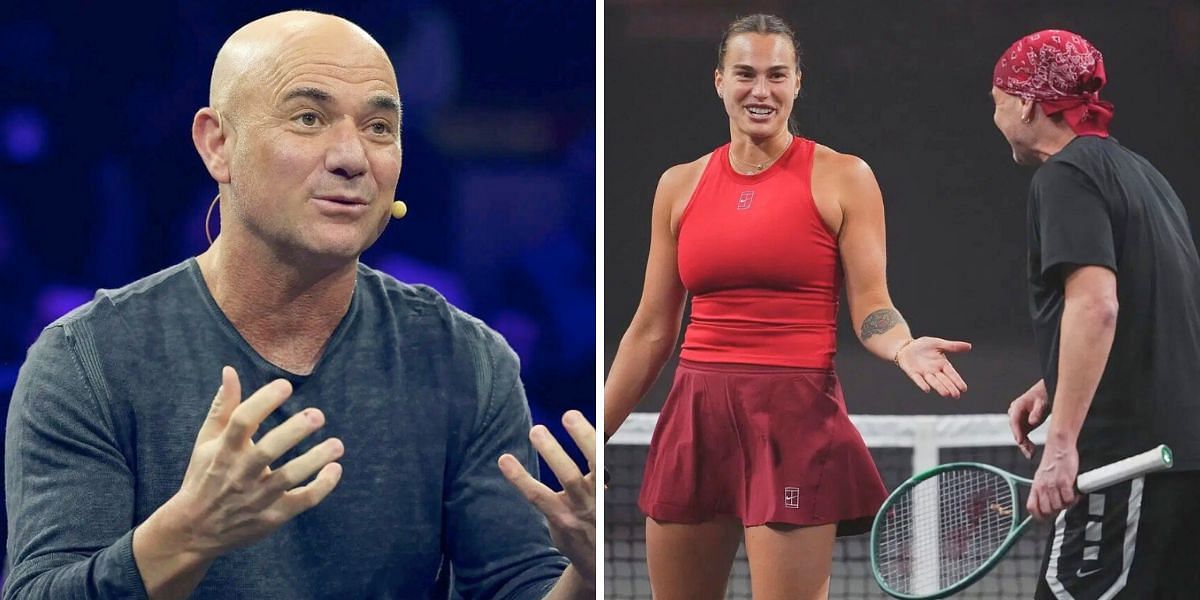 Andre Agassi (L) and Aryna Sabalenka paired up for an exhibition match (R) - Source: Getty