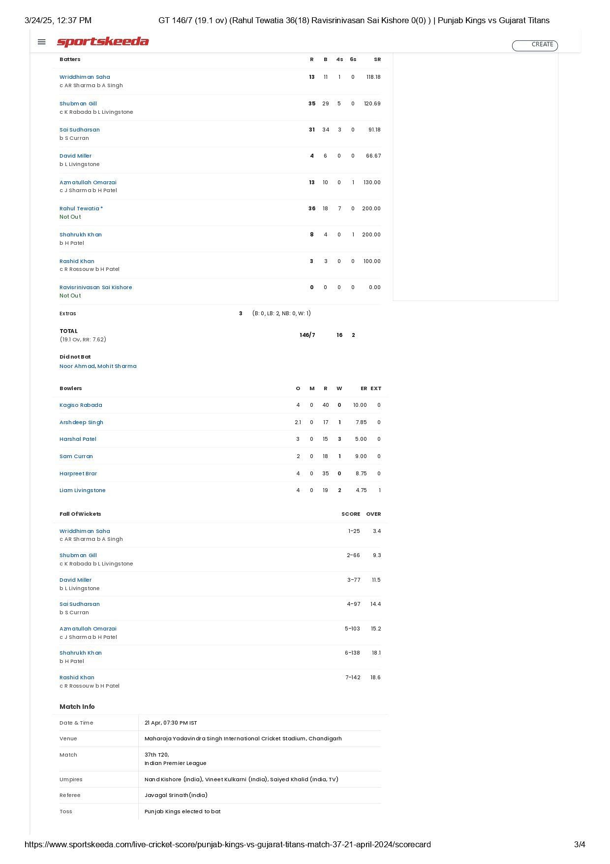 GT vs PBKS in IPL 2024.