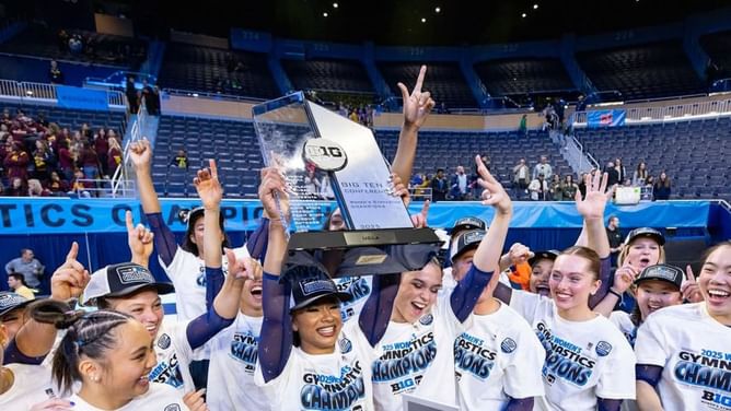 Jordan Chiles shows off customized nails along with victory celebration highlights after Big Ten Championship win