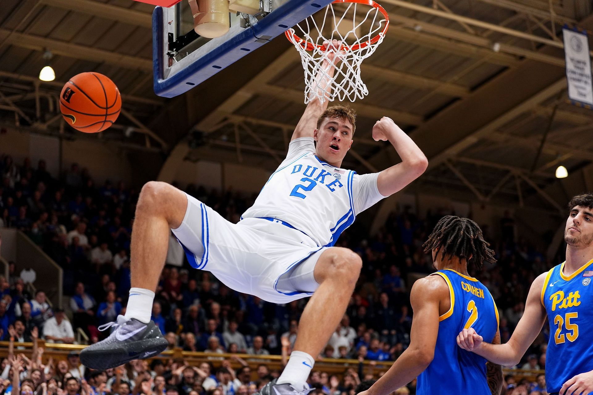 DURHAM, NORTH CAROLINA - JANUARY 07: Cooper Flagg #2 of the Duke Blue Devils dunks against the Pittsburgh Panthers during the second half of the game at Cameron Indoor Stadium on January 07, 2025 in Durham, North Carolina. (Photo by Grant Halverson/Getty Images) - Source: Getty