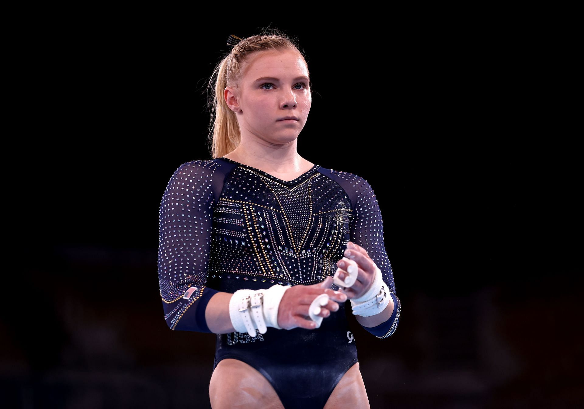 Jade Carey of the United States of America during the all-around finals on the sixth day of the delayed 2020 Tokyo Olympics held in 2021 (Image via: Getty Images)