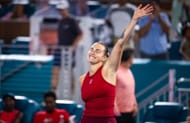 Aryna Sabalenka celebrates defeating Qinwen Zheng of China in the quarter-final on Day 8 of the Miami Open - Source: Getty