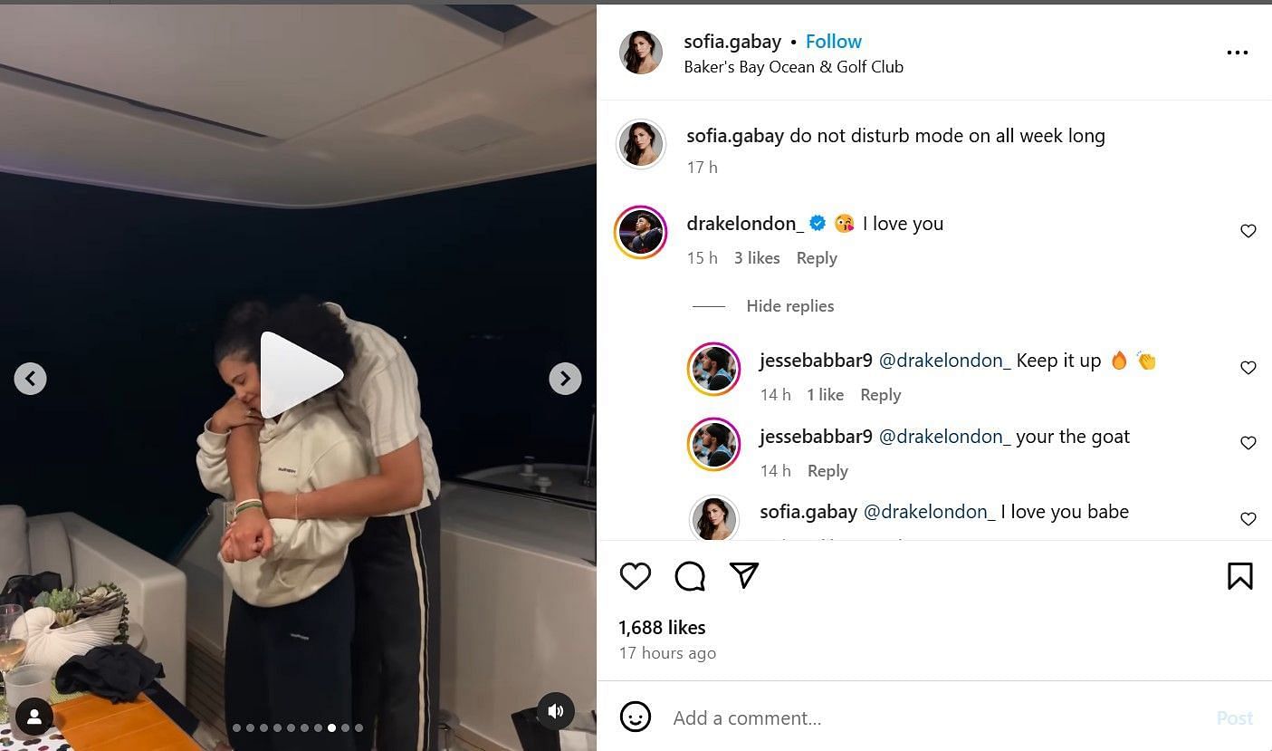 Drake London and Sofia Gabay PDA on Instagram