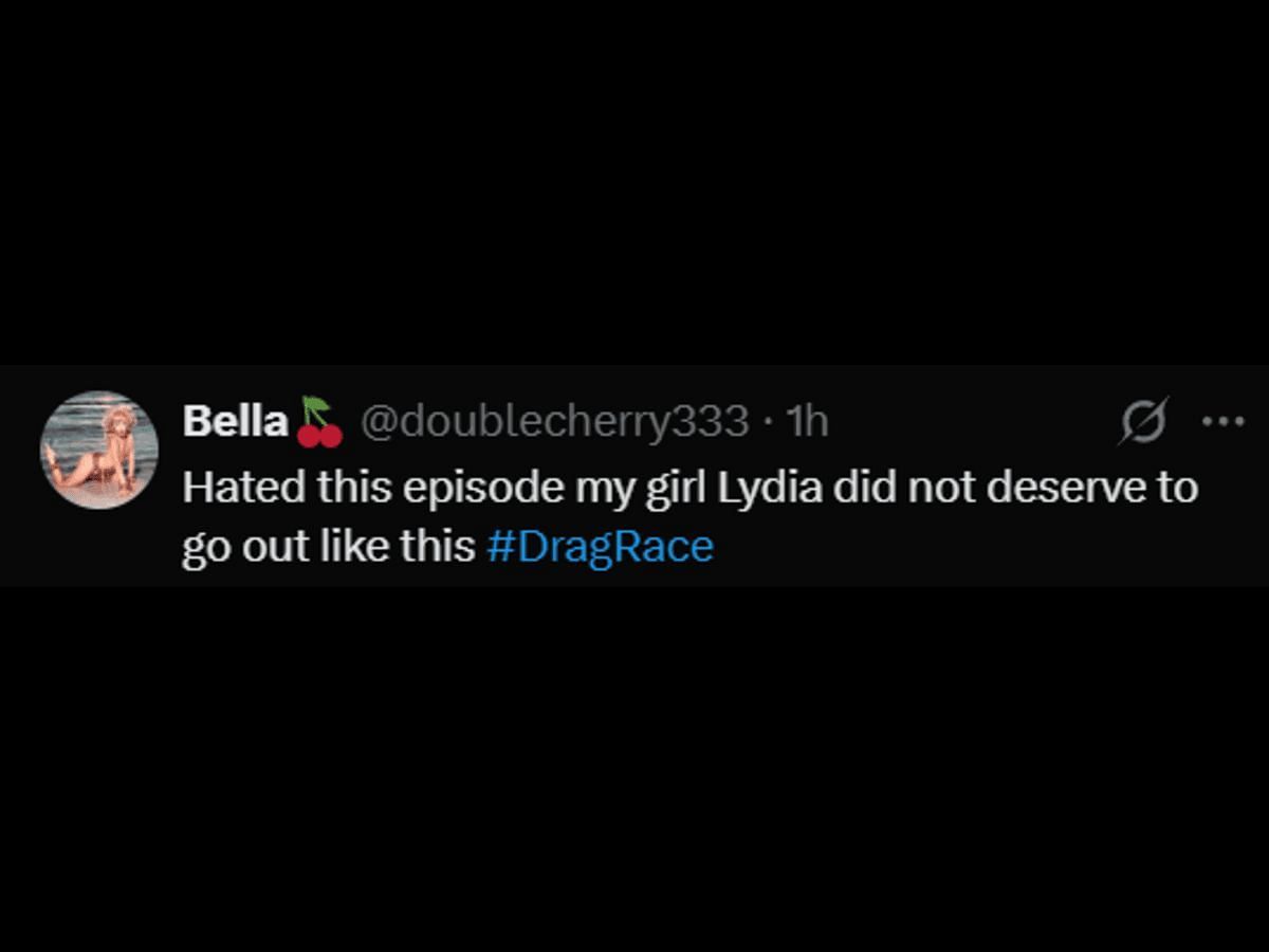 A RuPaul&#039;s Drag Race fan comments on Lydia&#039;s elimination (Image via X/@doublecherry333)