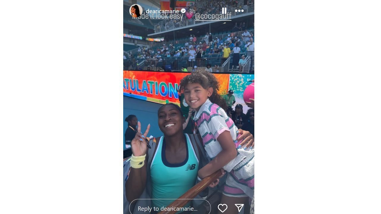 Dearica Hamby reacts after Coco Gauff poses with her daughter following the tennis star&#039;s win at the Miami Open on Thursday. [photo: @dearicamarie/IG]