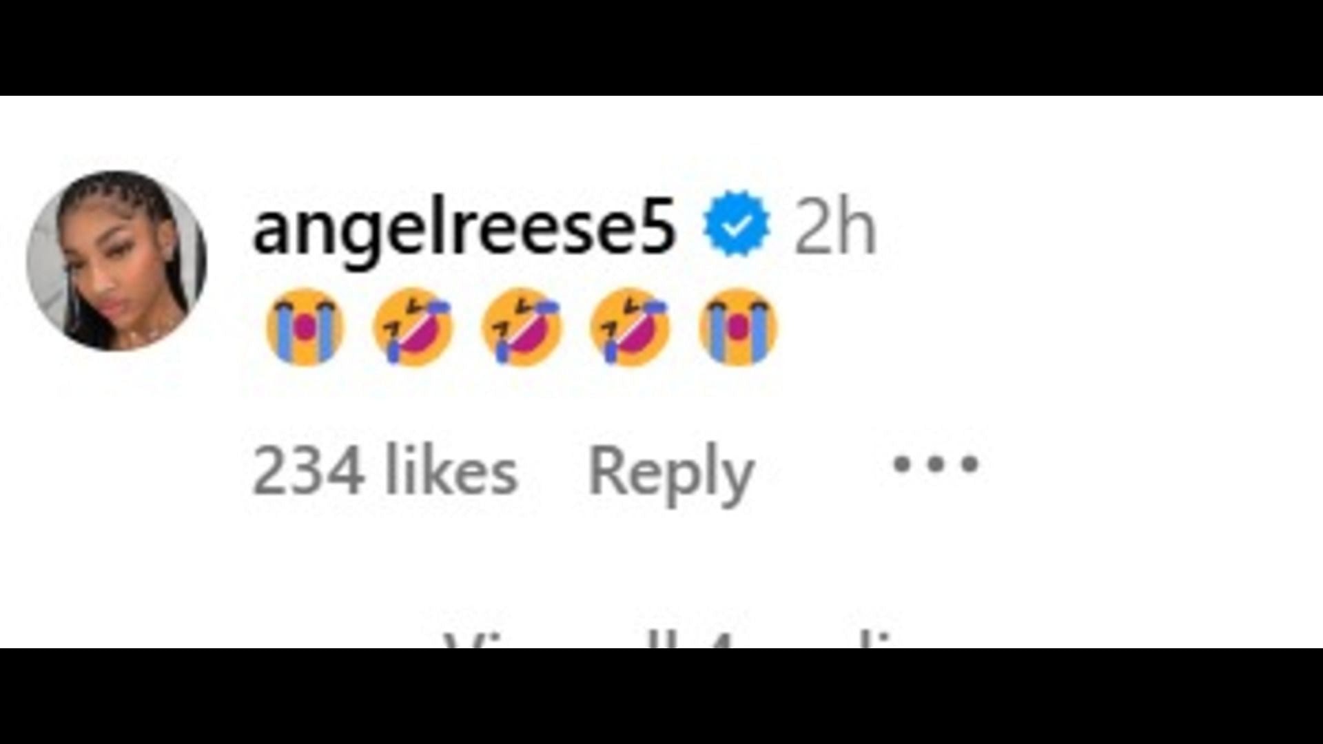 Angel Reese reacts to Rose BC&#039;s clip with laughing and crying emojis. Credit: Rose BC/IG