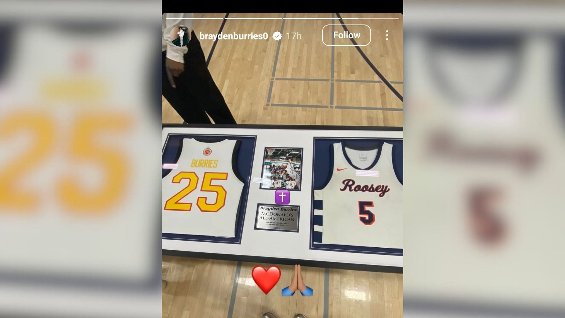 McDonald&#039;s All American Bryaden Burries shares jersey presentation picture on IG story. (Image via Instagram @braydenburries0)