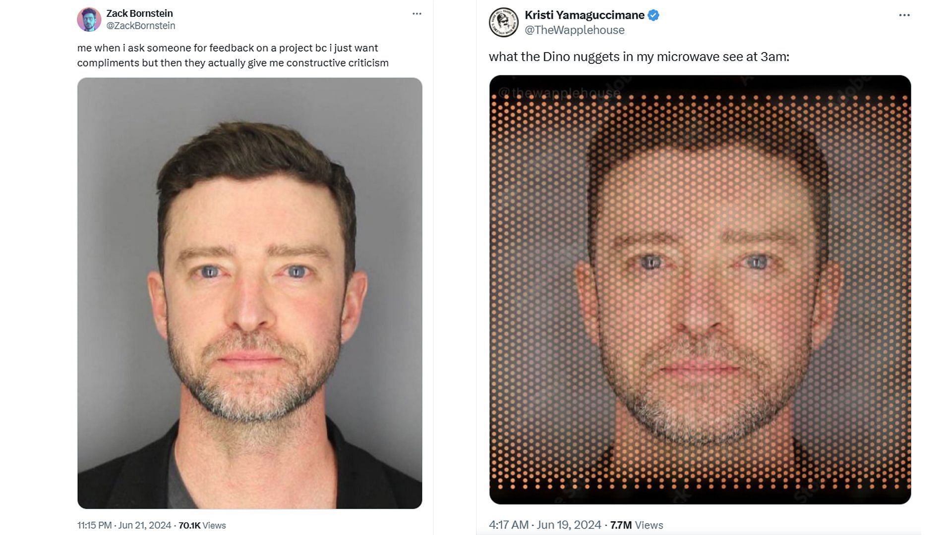 Memes on Justin Timberlake&#039;s mugshot (Image via X/ @TheWapplehouse, @ZackBornstein)