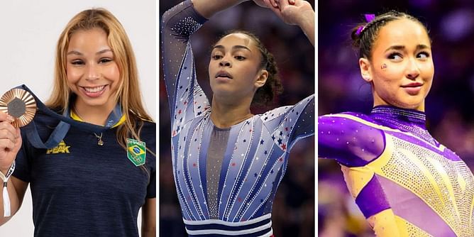 Flavia Saraiva and Aleah Finnegan react as Hezly Rivera shows off customized Olympic ring necklace with her name
