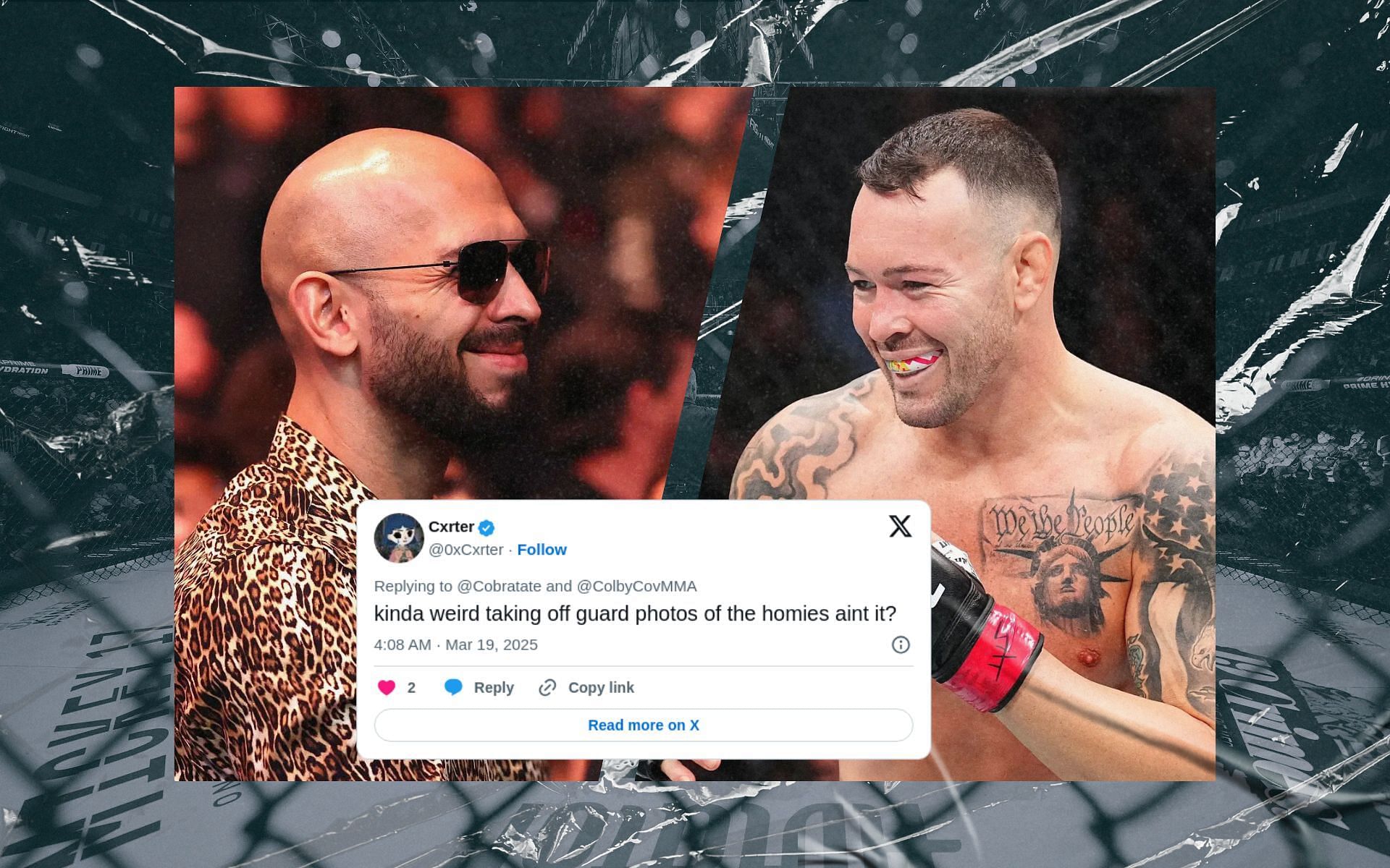 Fans react to recent meetup between Andrew Tate (left) and Colby Covington (right). [Images(s) courtesy: Getty Images]