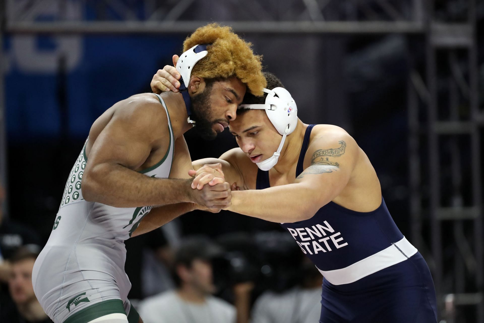 Aaron Brooks (right) and Cameron Gaffey at the 2025 Big 10 Wrestling Championships (Image via: Getty Images)